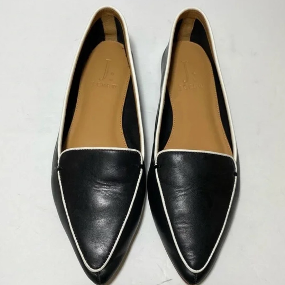 J. Crew Black Pointed Toe Leather Loafers With White Piping Detail Size 9
